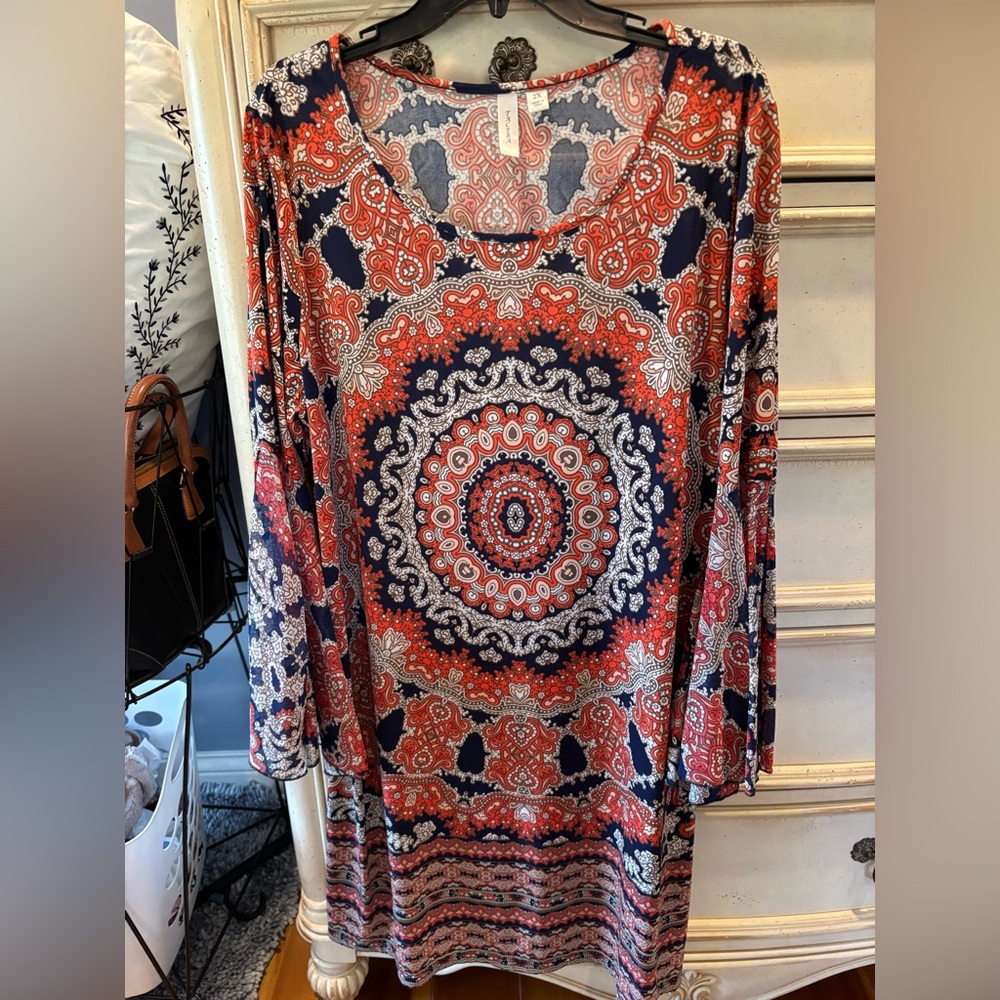 Tacera Coral and Navy Patterned Dress